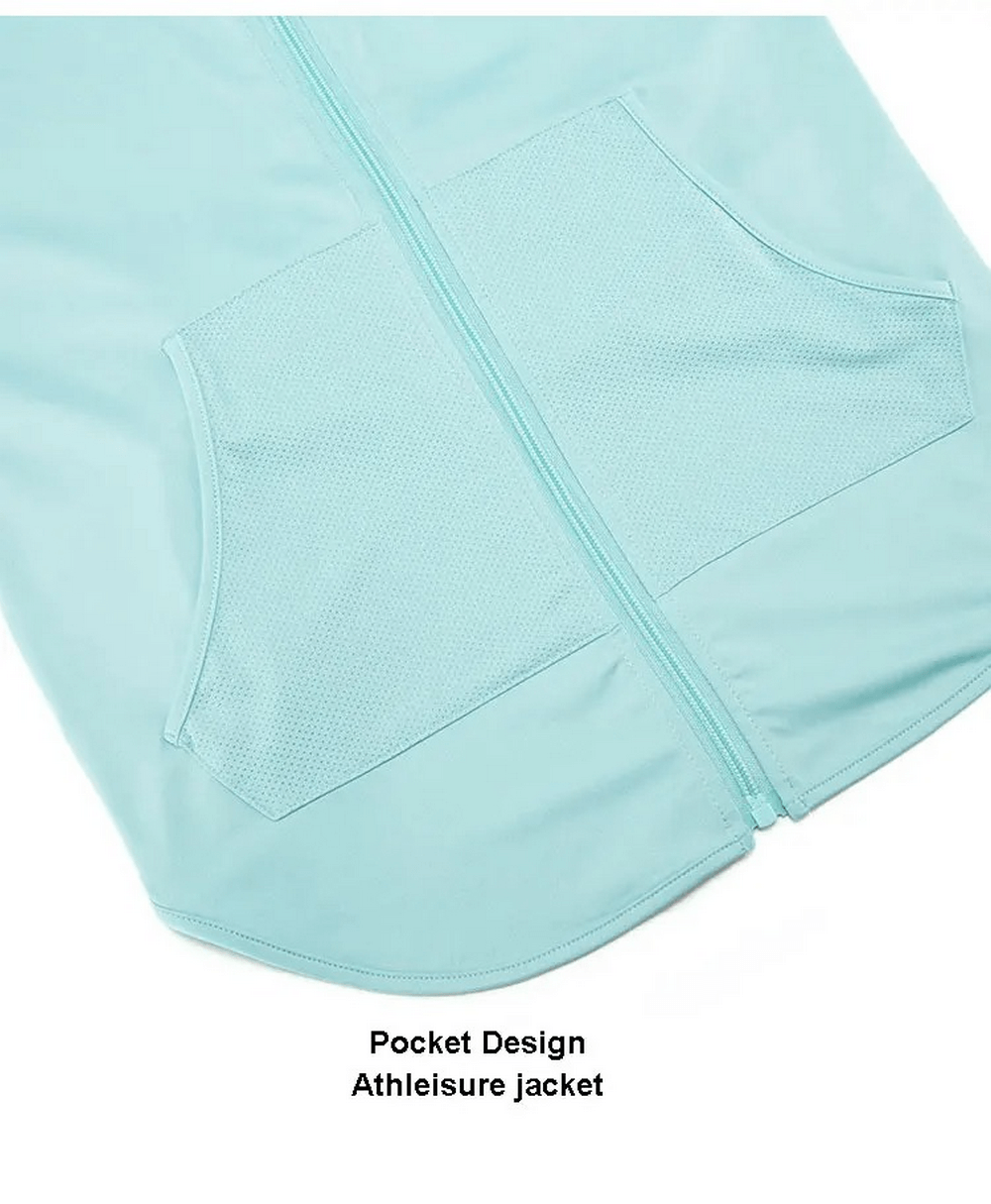 Close-up of aqua athletic jacket with mesh pocket design, showcasing stylish and functional athleisure wear.